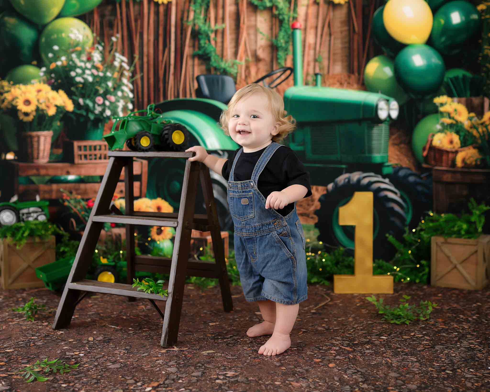 Kate Summer Sunflowers Green Balloon Tractor Backdrop Designed by Emetselch