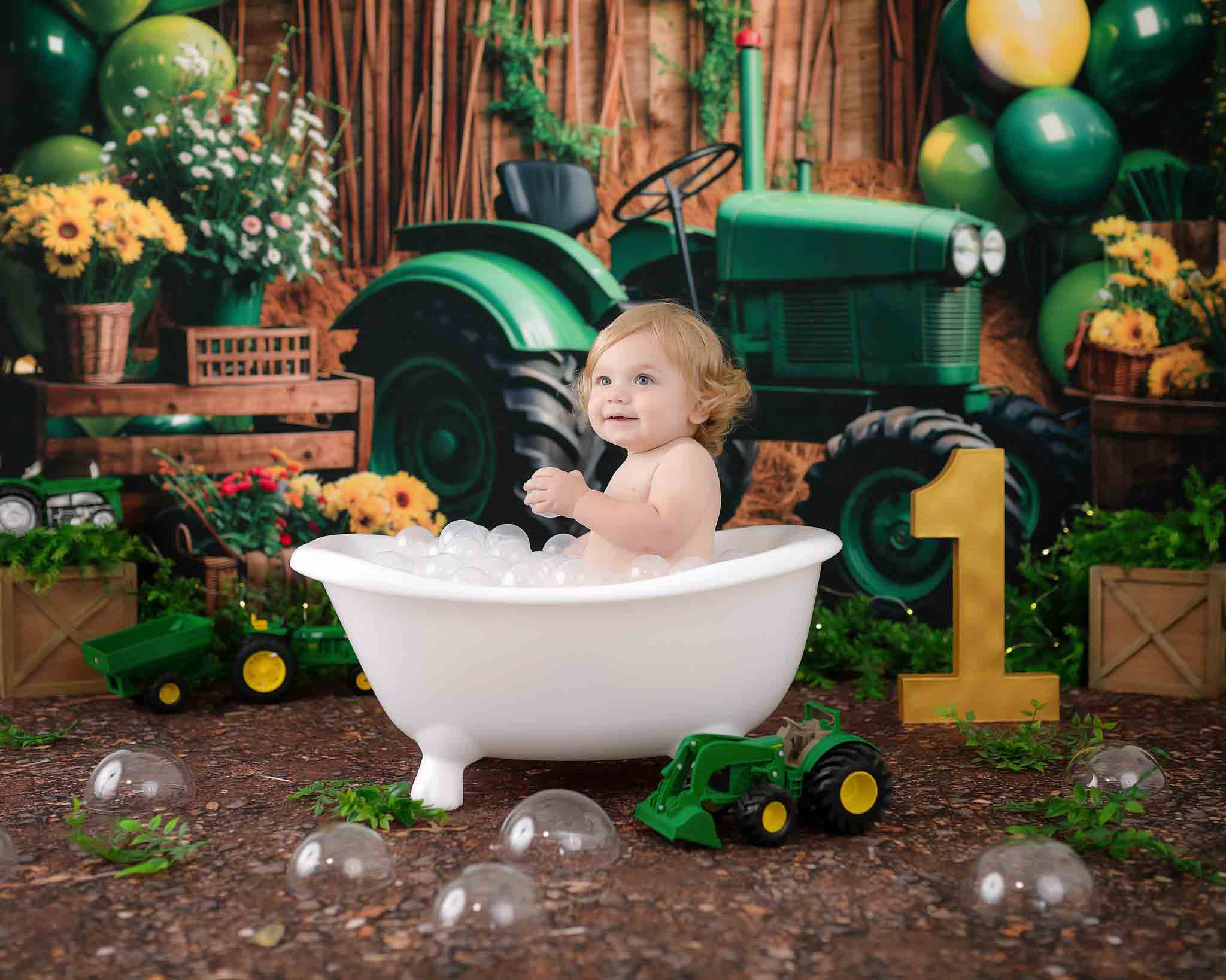 Kate Summer Sunflowers Green Balloon Tractor Backdrop Designed by Emetselch