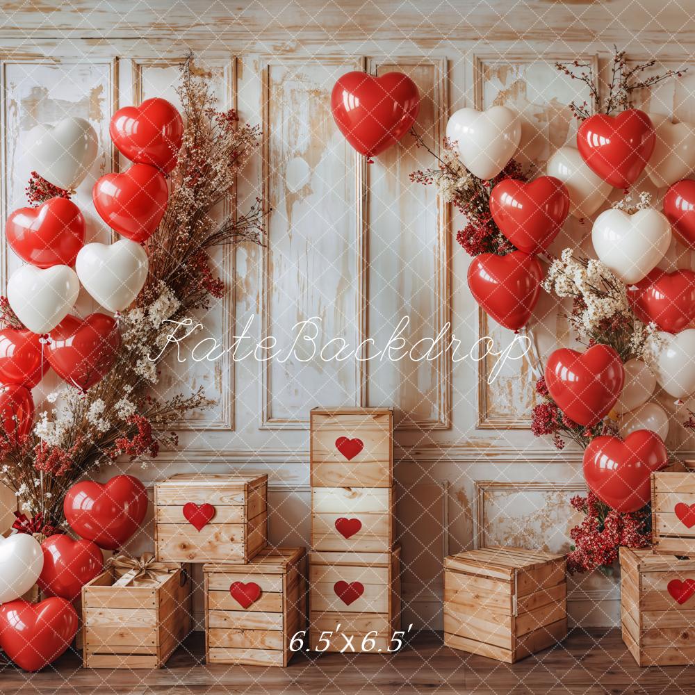 Kate Valentine Heart Balloons Rustic Wood Backdrop Designed by Emetselch