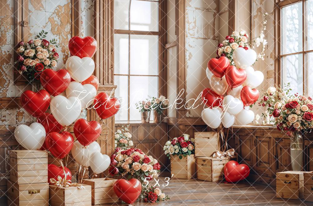 Kate Valentine Heart Balloons Wooden Vintage Backdrop Designed by Emetselch