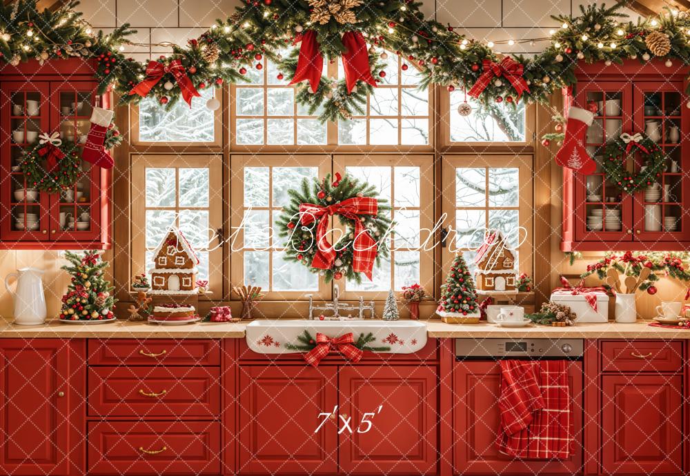 Kate Christmas Kitchen Red Retro Cabinets Window Backdrop Designed by Emetselch