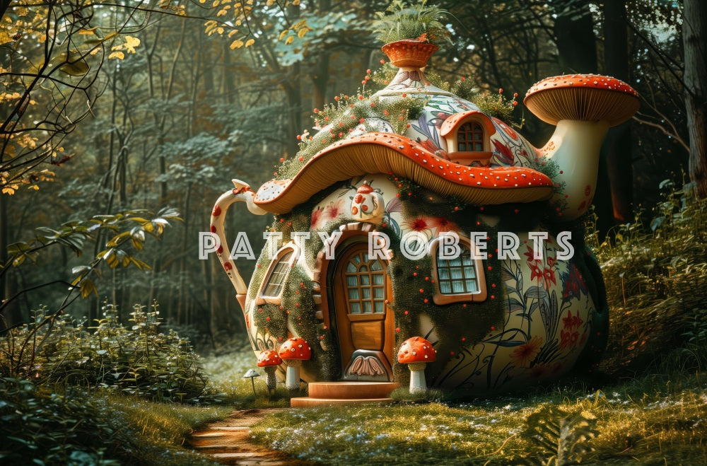 Magical Forest Dreamy Colorful Floral Mushroom Teapot Hut Foto Achtergrond Designed by Patty Robert