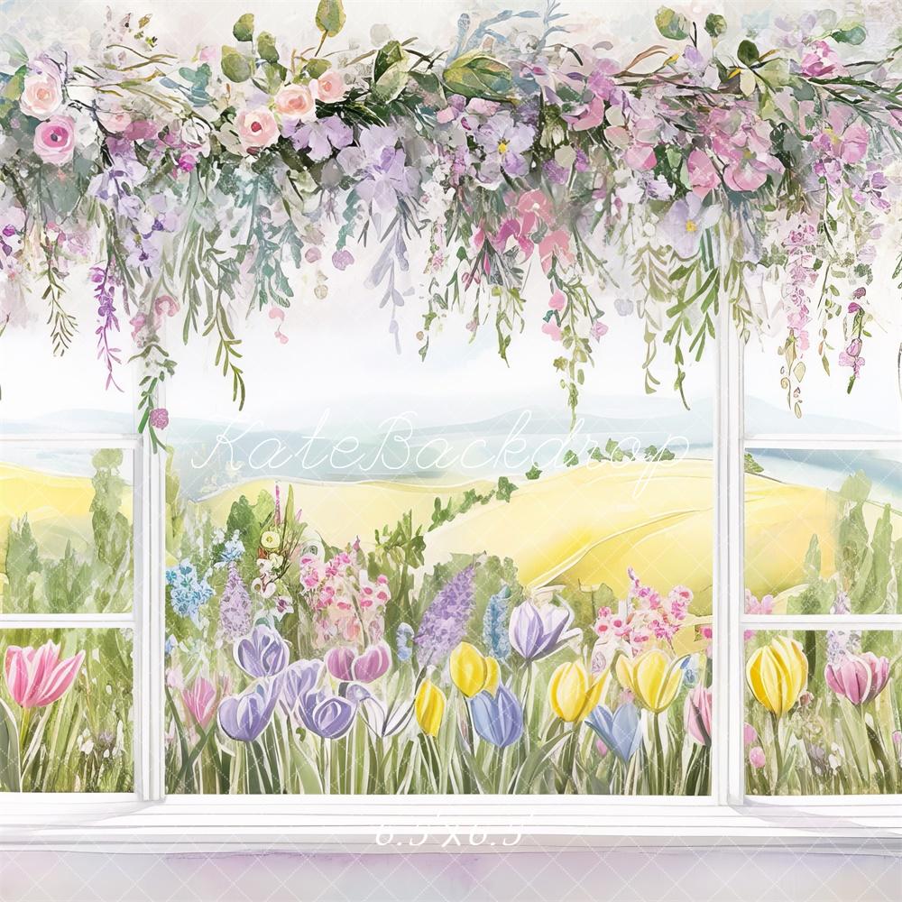 Kate Cartoon Spring Floral Window View Backdrop Designed by Mini MakeBelieve