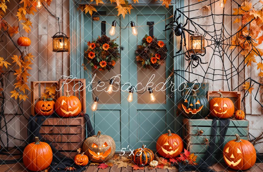 Halloween Pumpkin Maple Blue Wood Door Backdrop Designed by Emetselch