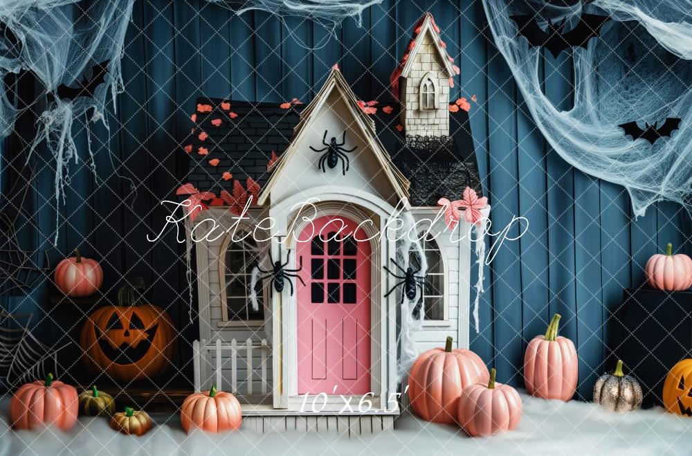 Kate Halloween Blue Curtains Pink Haunted House With Spiders Backdrop Designed by Patty Robert