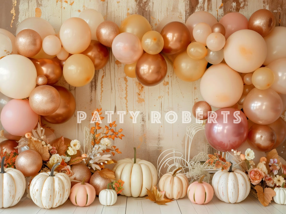 Cake Smash Boho Herfst Ballon Boog Pompoenen Foto Achtergrond Designed by Patty Robert