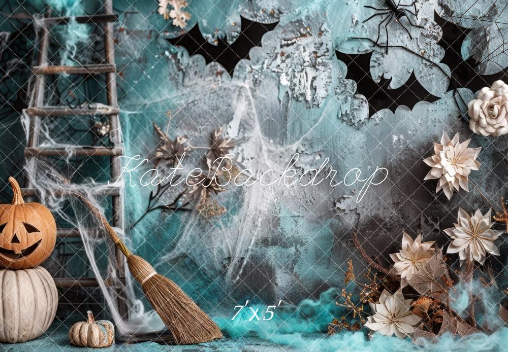 Halloween Spooky Teal Pumpkin Bat Foto Achtergrond Designed by Mini MakeBelieve