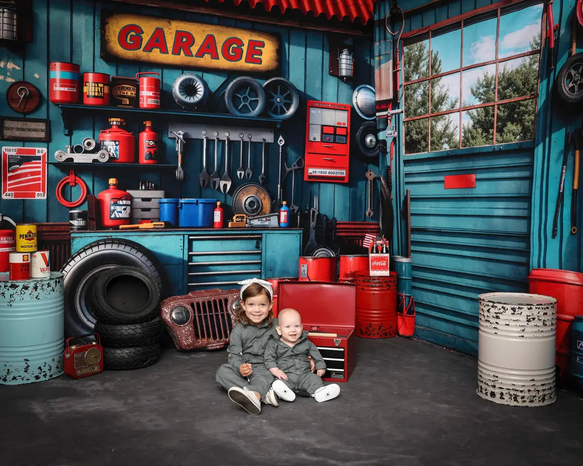 Kate Ink Blue Garage and Wall Metal Frame Window Forest Backdrop Designed by Emetselch