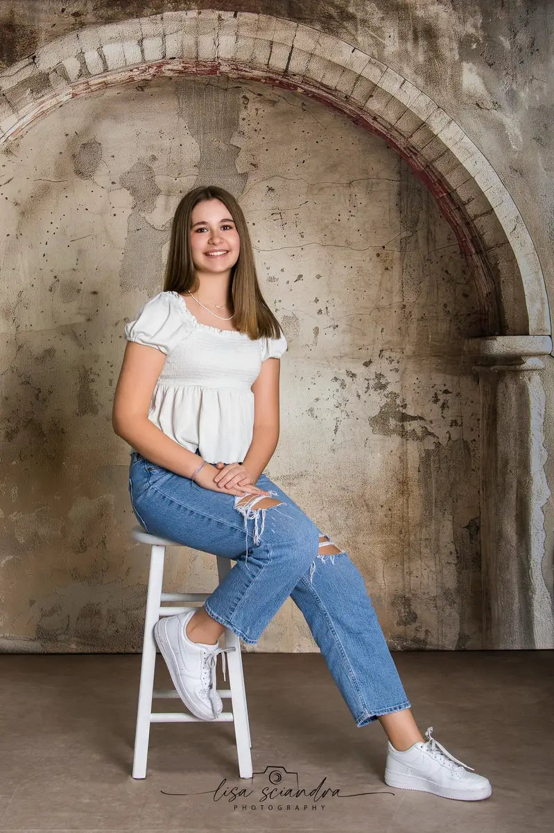 Kate Retro Broken Dark Beige Brick Arched Wall Backdrop Designed by Patty Robert