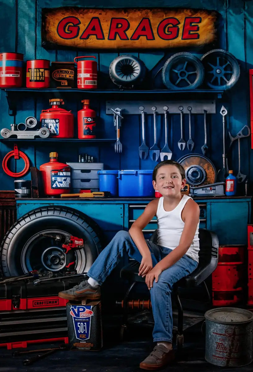 Kate Modern Tool Holder and Tires Red Tanker Garage Backdrop Designed by Emetselch