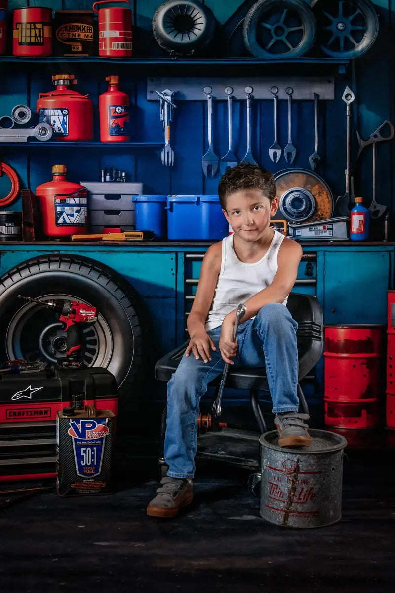 Kate Modern Tool Holder and Tires Red Tanker Garage Backdrop Designed by Emetselch