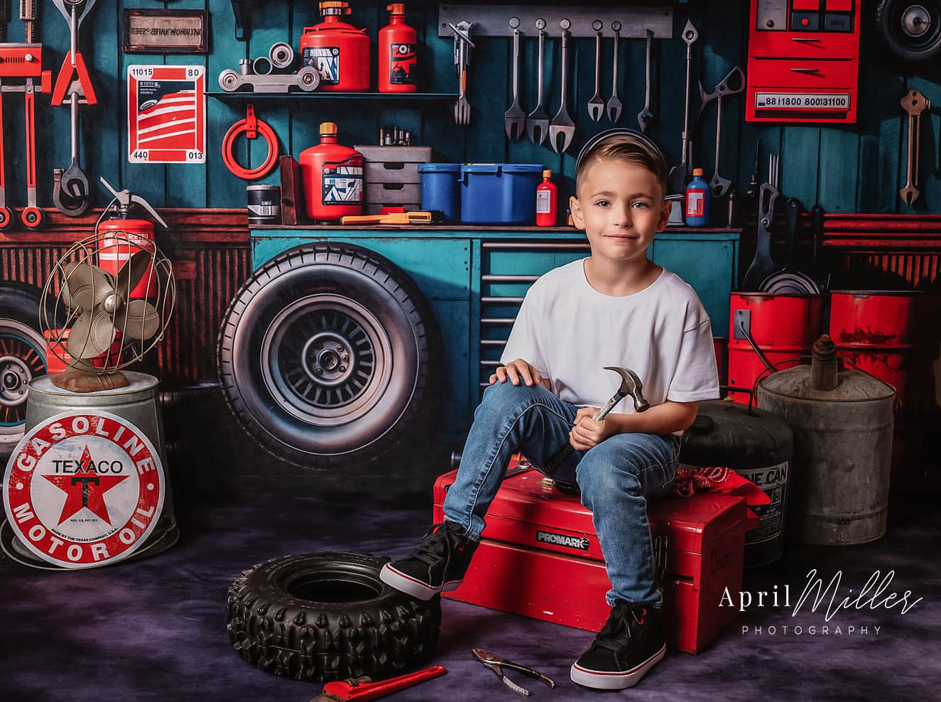 Kate Modern Tool Holder and Tires Red Tanker Garage Backdrop Designed by Emetselch