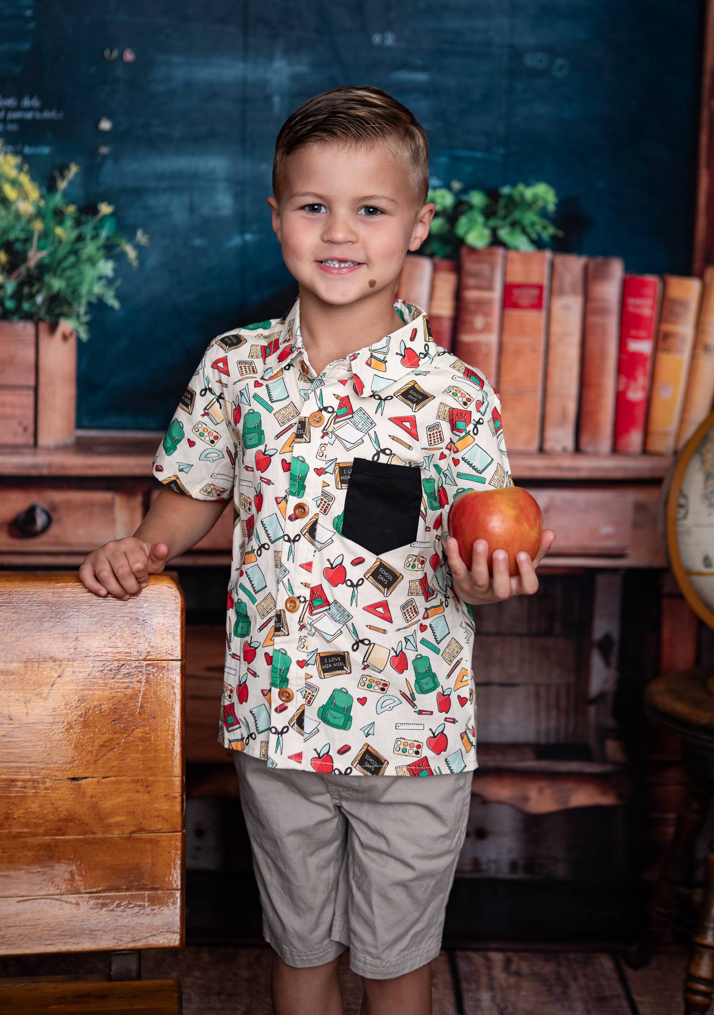 Kate Back to School Red Locker Blackboard Wooden Striped Wall Backdrop Designed by Emetselch