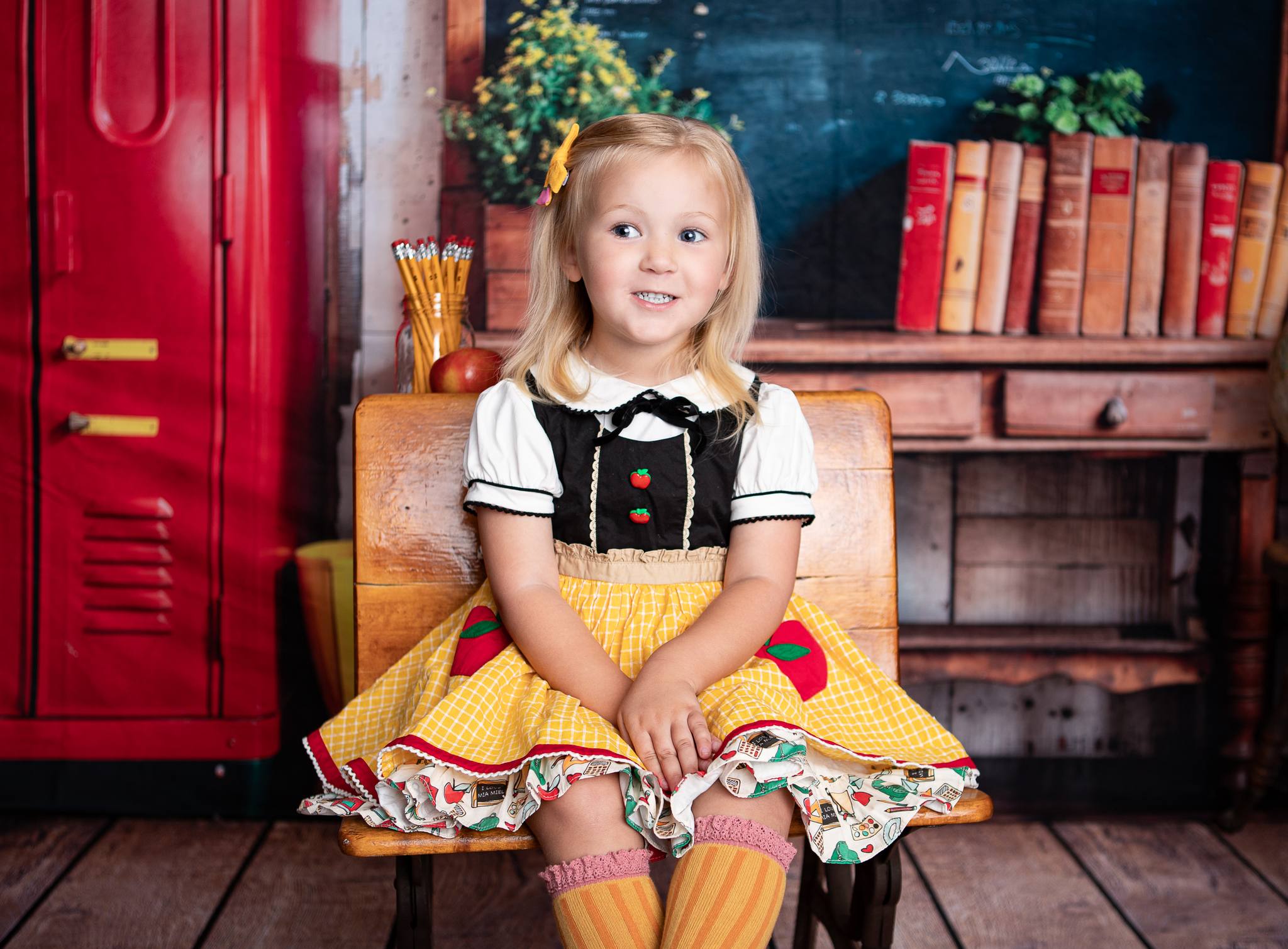 Kate Back to School Red Locker Blackboard Wooden Striped Wall Backdrop Designed by Emetselch