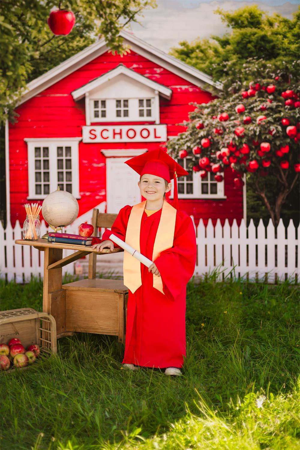 Kate Back to School Red House Apple Tree Fence Backdrop Designed by Chain Photography