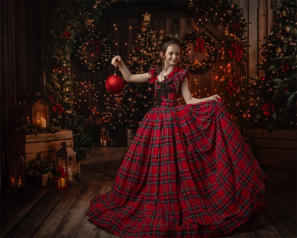 Kate Christmas Night Dark Brown Wooden Arched Barn Door Backdrop Designed by Chain Photography