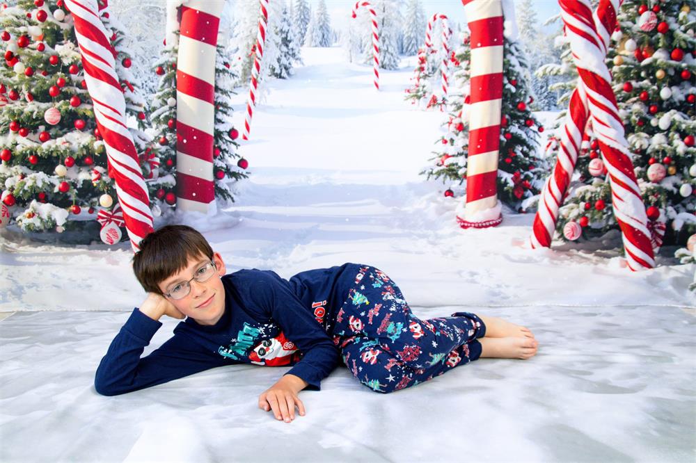 Kate Winter Christmas Outdoor Forest Snow Candy Arch Backdrop Designed by Chain Photography