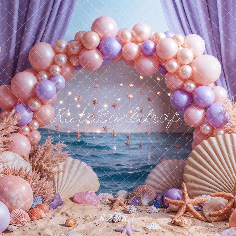 Arco de globos rosa de playa Cortinas moradas Fondo diseñado por Emetselch