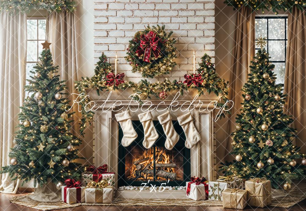 Kate Winter Christmas Tree White Retro Fireplace Backdrop Designed by Emetselch