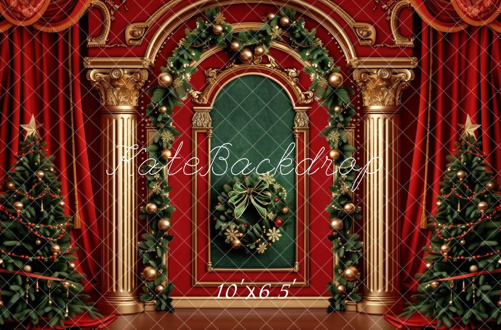 Kate Christmas Tree Red Curtains Retro Wall With Garland Backdrop Designed by Patty Robert