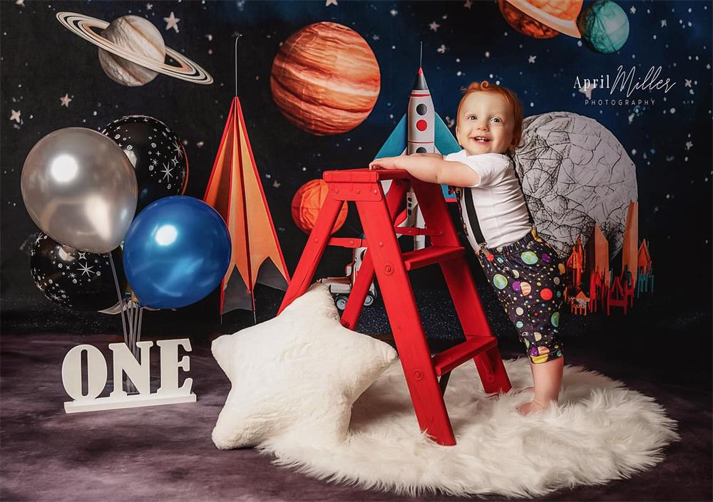 Astronaut Universe Rocket Cake Smash Verjaardag Achtergrond voor Fotografie