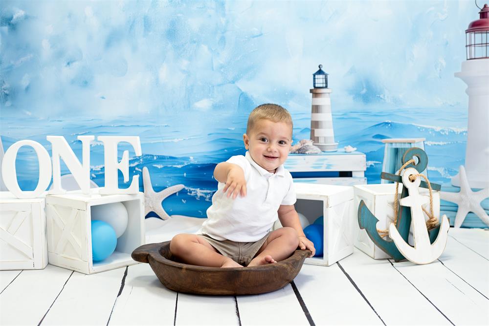 Kate Summer Seashore Beach Sailing Tower Starfish Blue Wall Backdrop Designed by Patty Robert