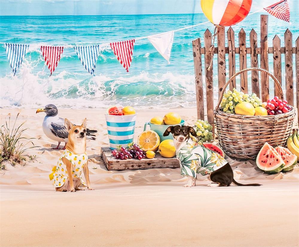 Kate Pet Summer Sea Beach Parasol Fruit Seabird Brown Wooden Fence Backdrop Designed by Emetselch