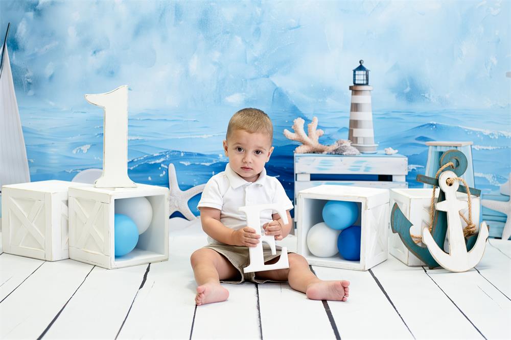 Kate Summer Seashore Beach Sailing Tower Starfish Blue Wall Backdrop Designed by Patty Robert