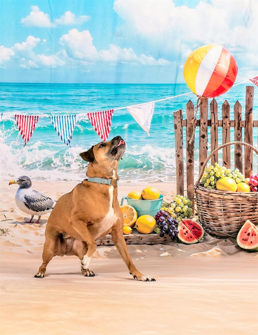 Zomerzeestrandparasol fruit zeevogel bruin houten hekachtergrondontwerp ontworpen door Emetselch