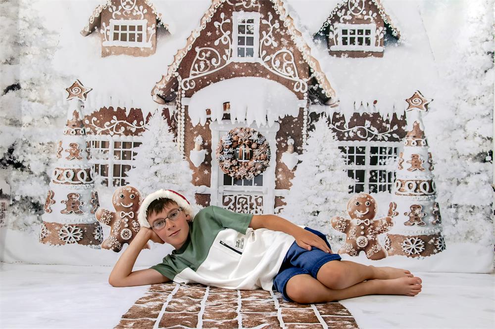 Kate Winter Christmas Gingerbread House Baking Cookies Backdrop+Winter Snow Brown Brick Path Floor Backdrop