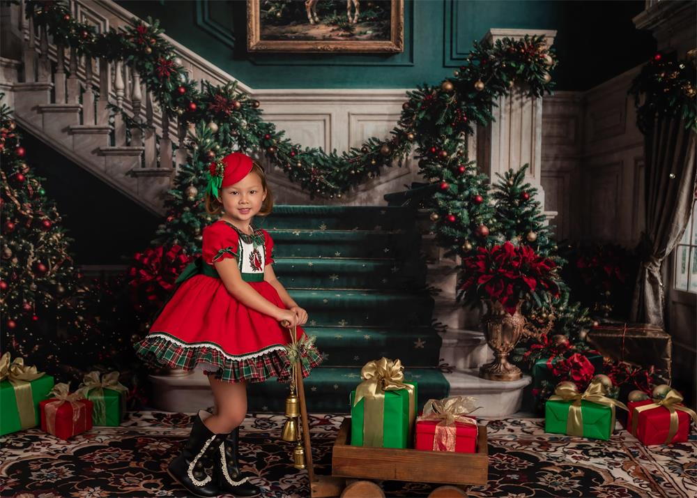 Kate Christmas Retro White Green Marble Staircase Backdrop Designed by Chain Photography