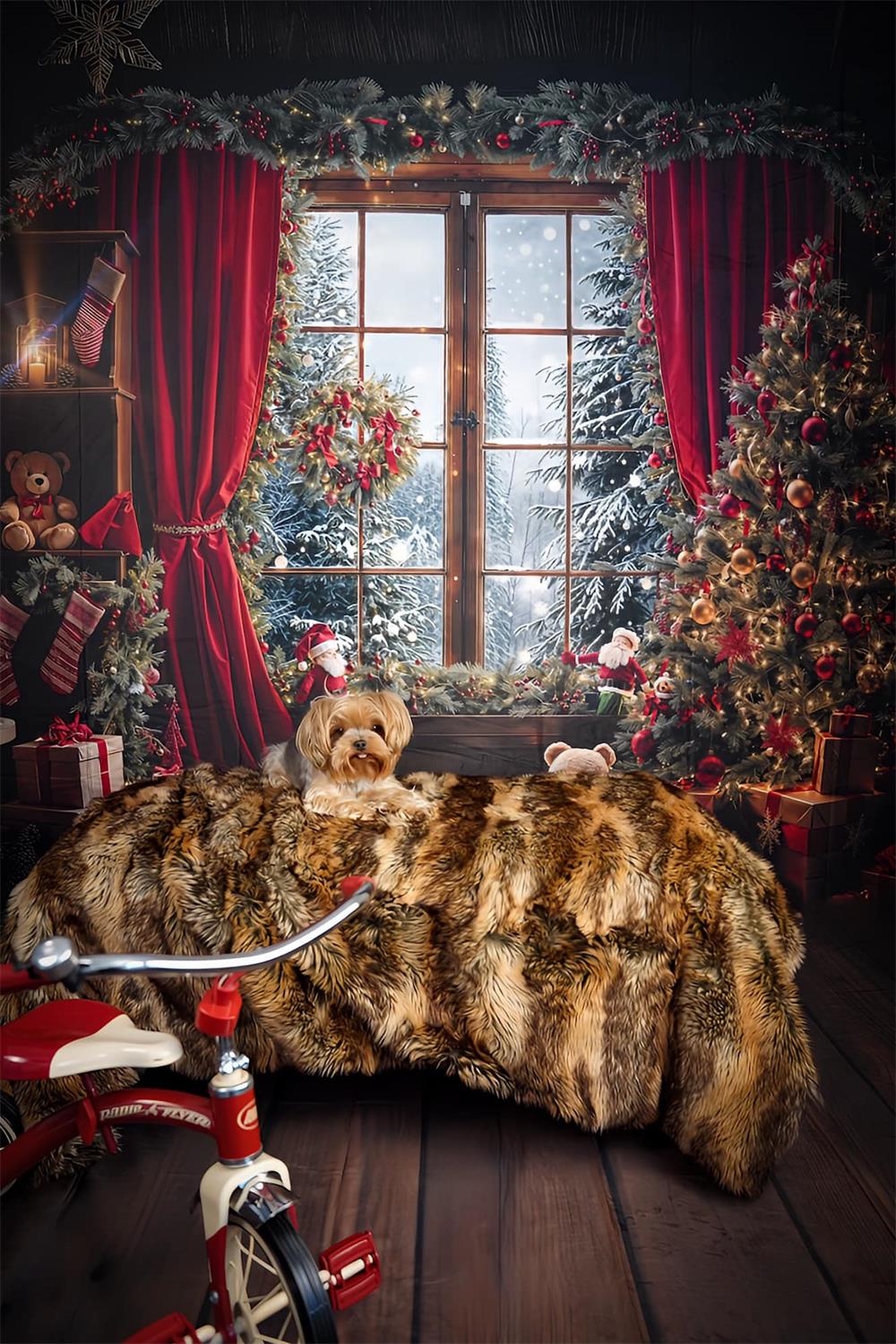 Kate Winter Christmas Teddy Bear Red Curtain Framed Window Backdrop Designed by Emetselch