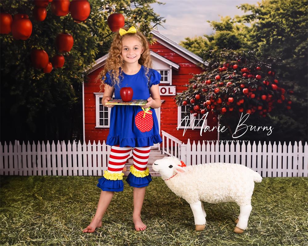 Kate Back to School Red House Apple Tree Fence Backdrop Designed by Chain Photography