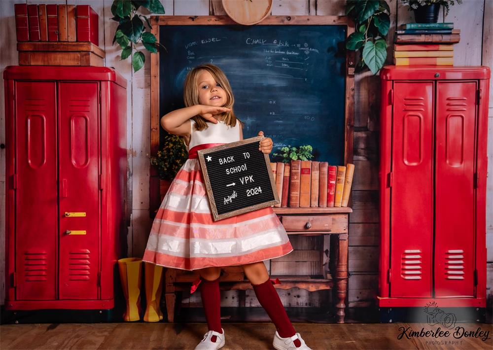 Kate Back to School Red Locker Blackboard Wooden Striped Wall Backdrop Designed by Emetselch