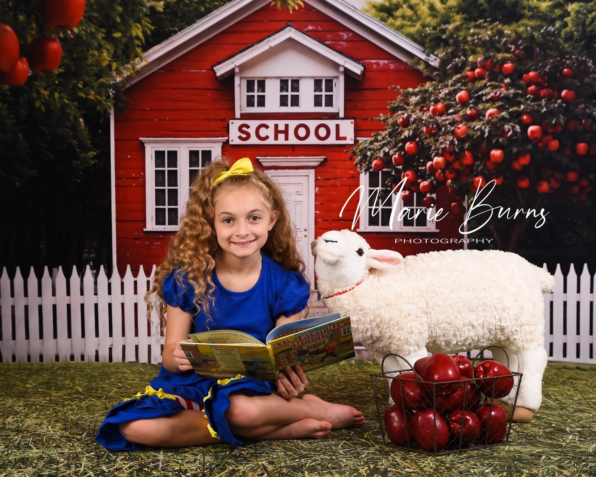 Kate Back to School Red House Apple Tree Fence Backdrop Designed by Chain Photography