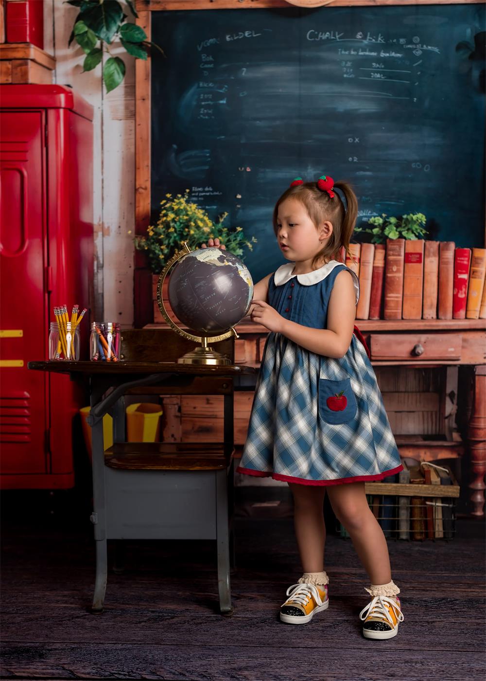 Kate Back to School Red Locker Blackboard Wooden Striped Wall Backdrop+Dark Brown Old Wooden Floor Backdrop