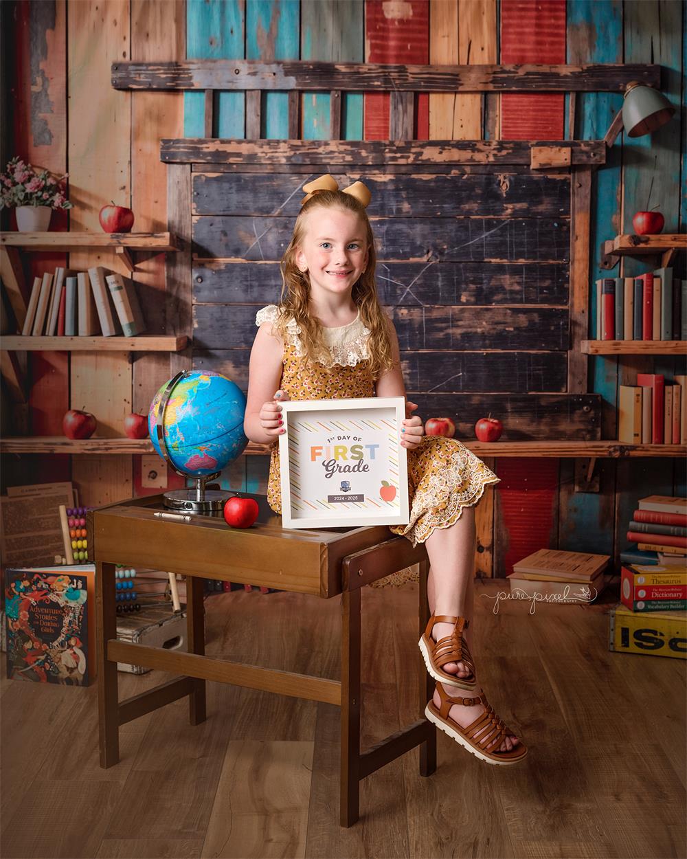 Kate Back to School Bookshelf Dark Brown Wooden Blackboard Backdrop Designed by Emetselch