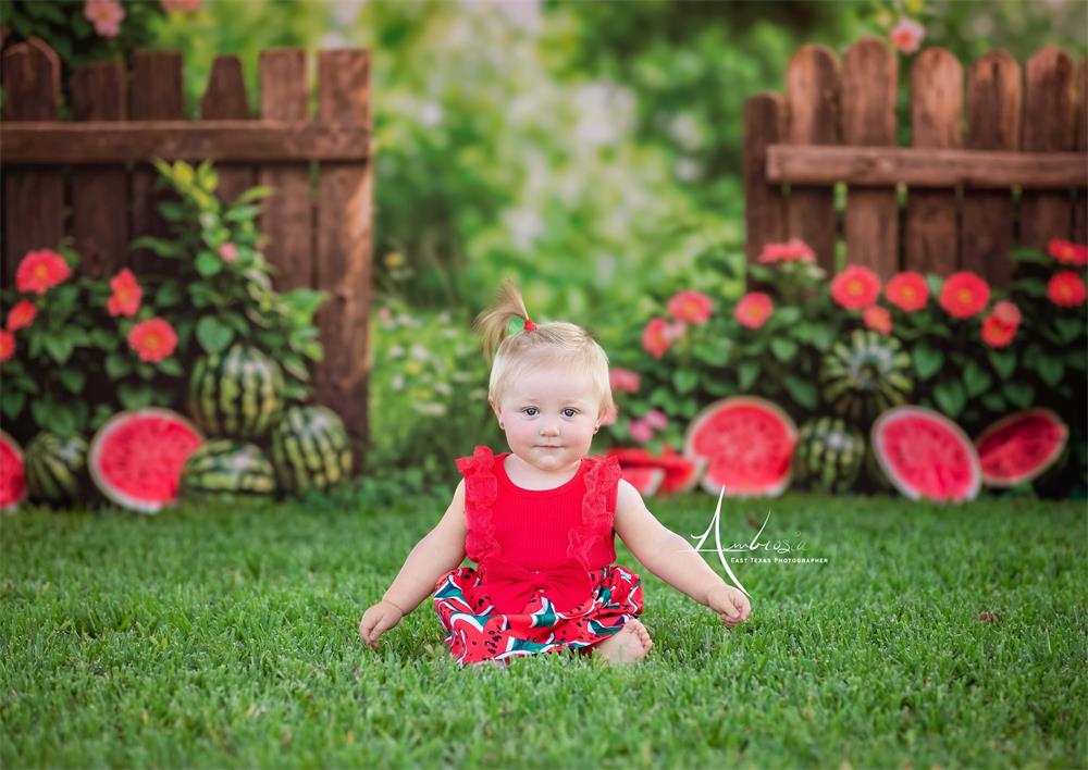 Kate Summer Bokeh Green Plant Colorful Flower Watermelon Brown Fence Backdrop Designed by Emetselch