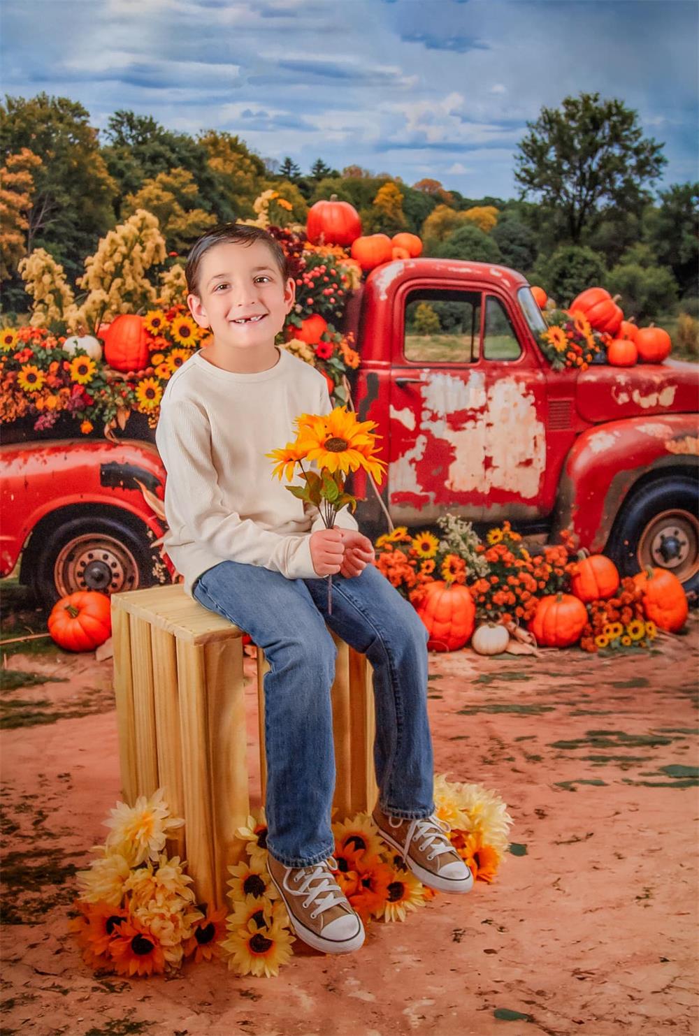 Fondo de pantalla de camioneta roja con calabaza y flores coloridas en un bosque al aire libre diseñado por Emetselch