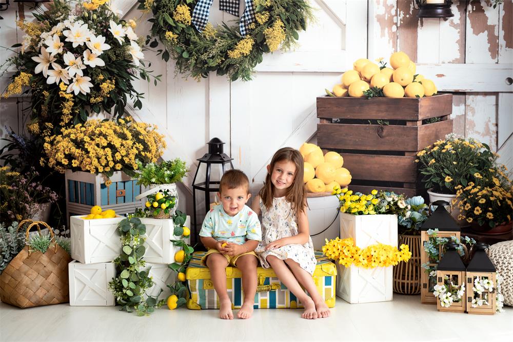 Kate Summer Green Plant Colorful Flower Yellow Lemon White Wooden Wall Backdrop Designed by Emetselch