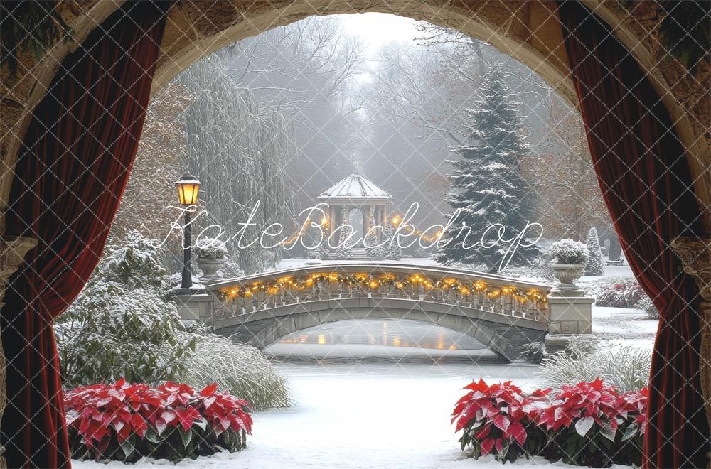 Kate Fine Art Winter Bridge Snowy Garden Backdrop Designed by Mini MakeBelieve