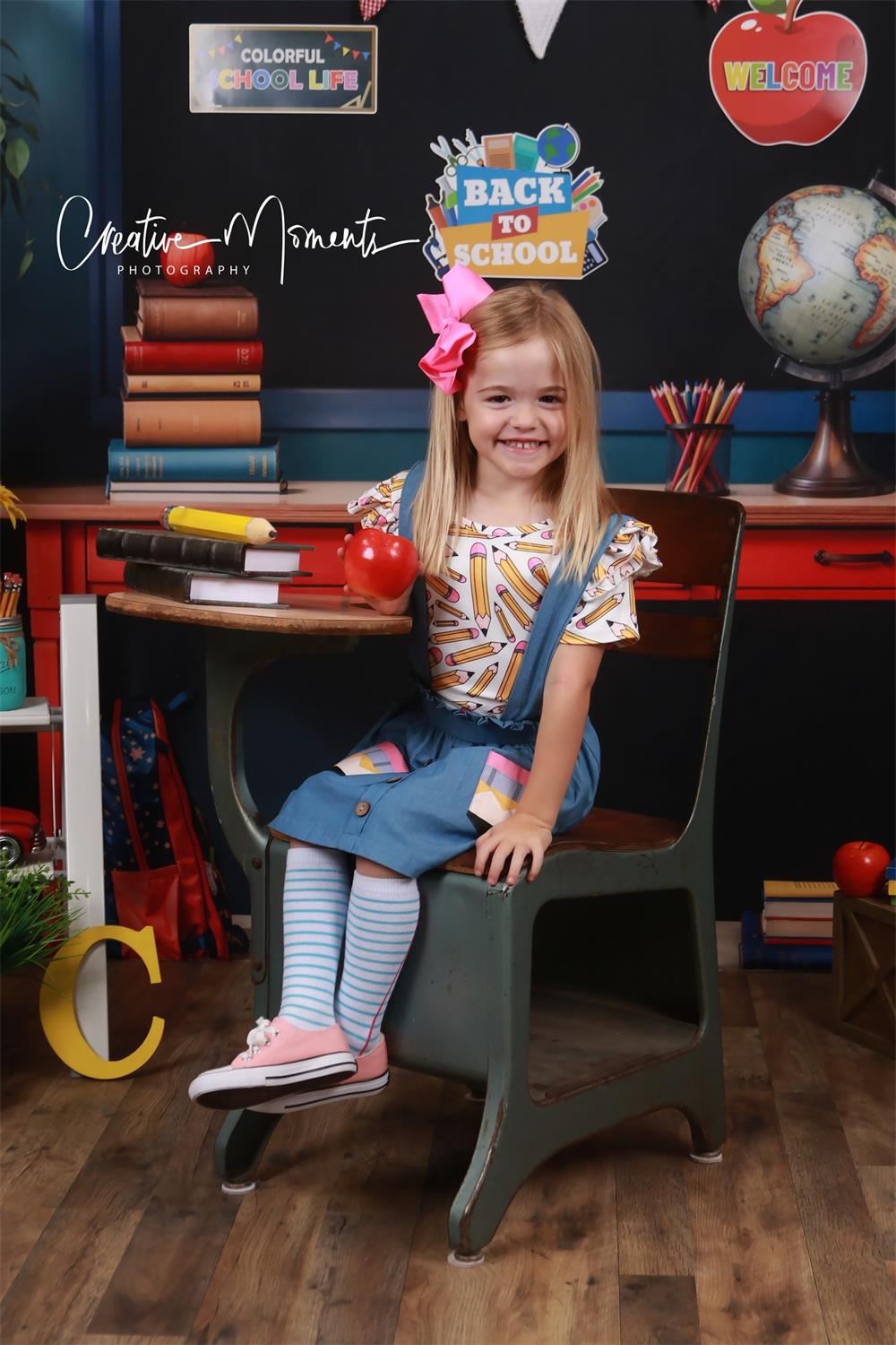 Kate Back to School Green Plant Yellow Sunflower Book Apple Globe Blackboard Backdrop Designed by Emetselch