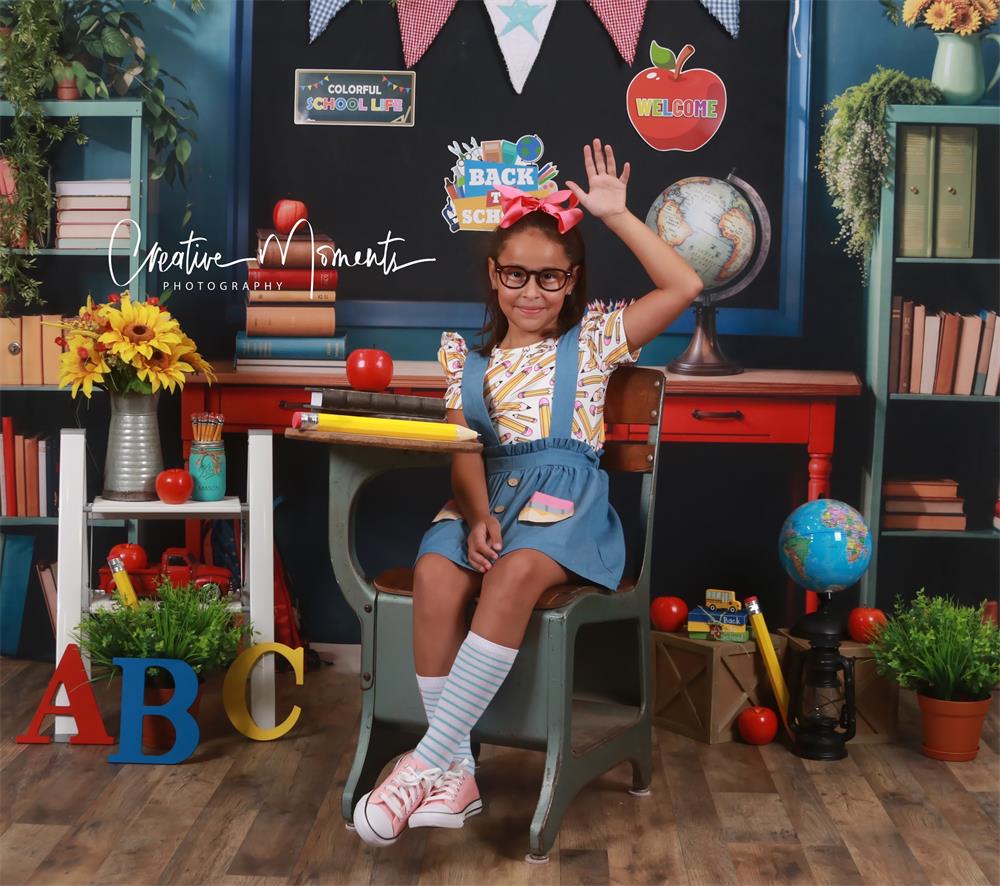 Kate Back to School Green Plant Yellow Sunflower Book Apple Globe Blackboard Backdrop Designed by Emetselch