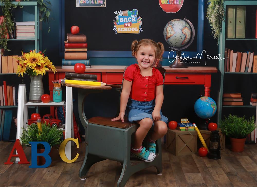 Kate Back to School Green Plant Yellow Sunflower Book Apple Globe Blackboard Backdrop Designed by Emetselch