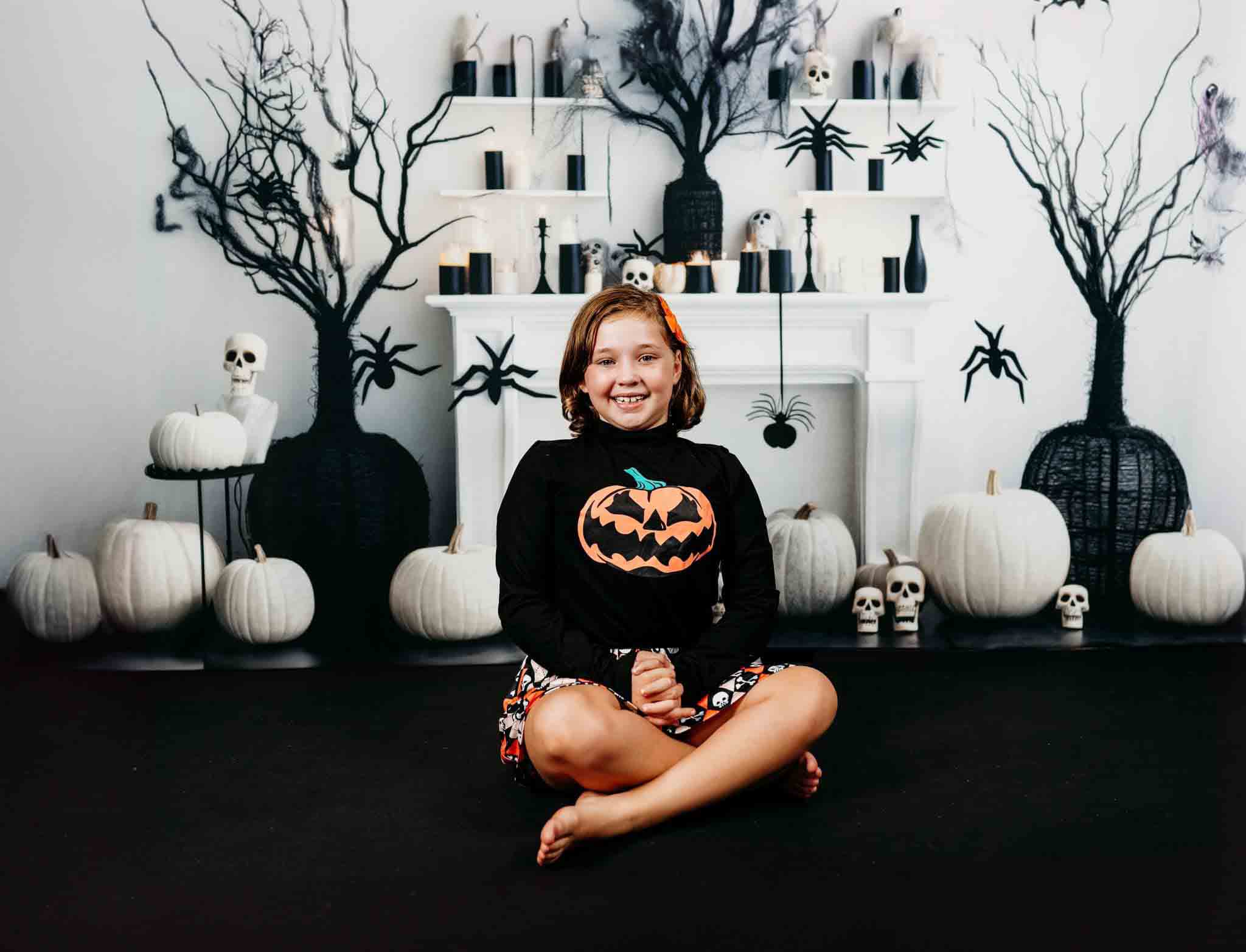 Kate Black & White Halloween Fireplace Backdrop Designed by Lidia Redekopp