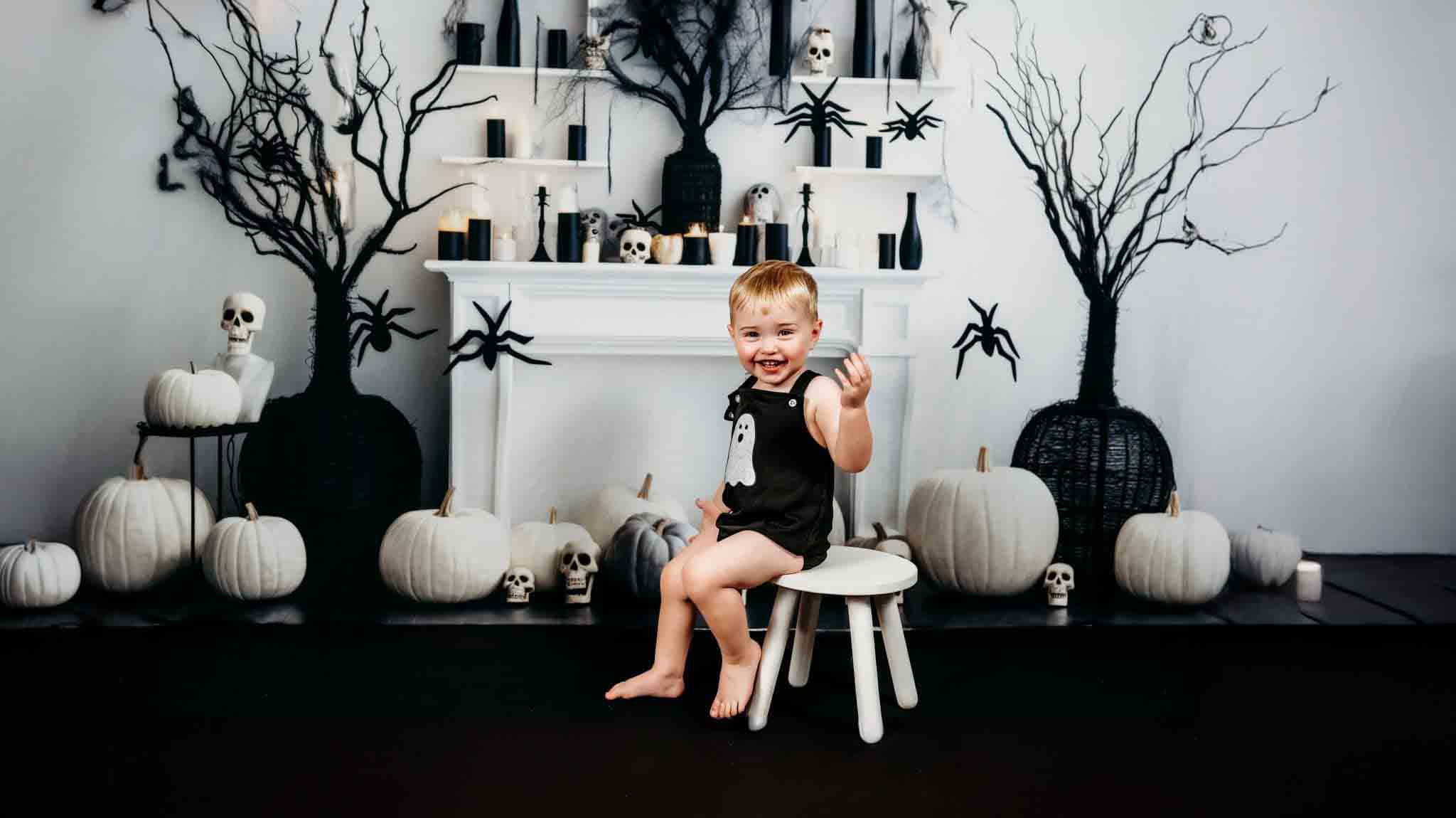 Kate Black & White Halloween Fireplace Backdrop Designed by Lidia Redekopp