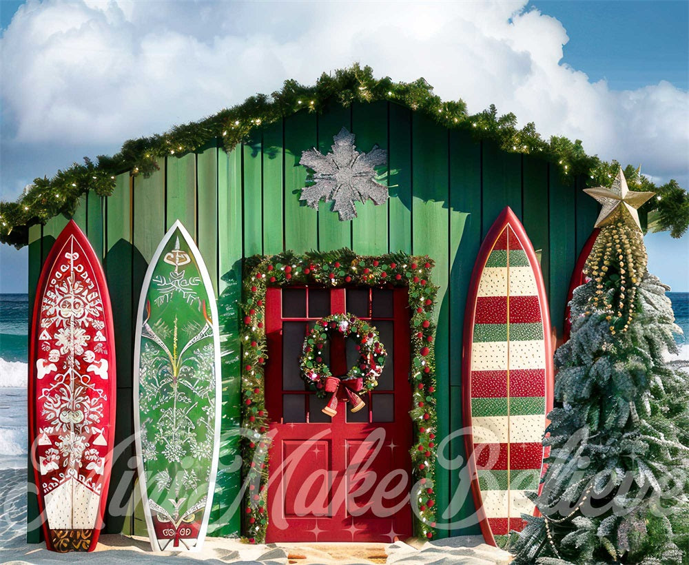 Kerstboom Zee Strand Surfplank Winkel Foto Achtergrond
