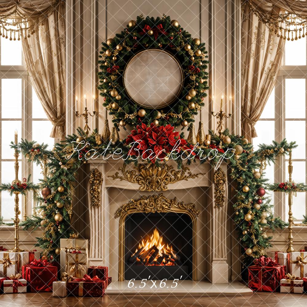 Kate Christmas Fireplace Retro Curtain Window Wreath Backdrop Designed by Emetselch