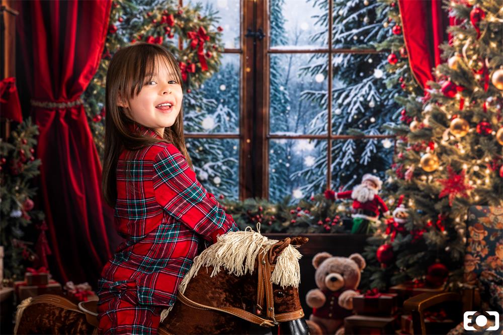 Kate Winter Christmas Teddy Bear Red Curtain Framed Window Backdrop Designed by Emetselch