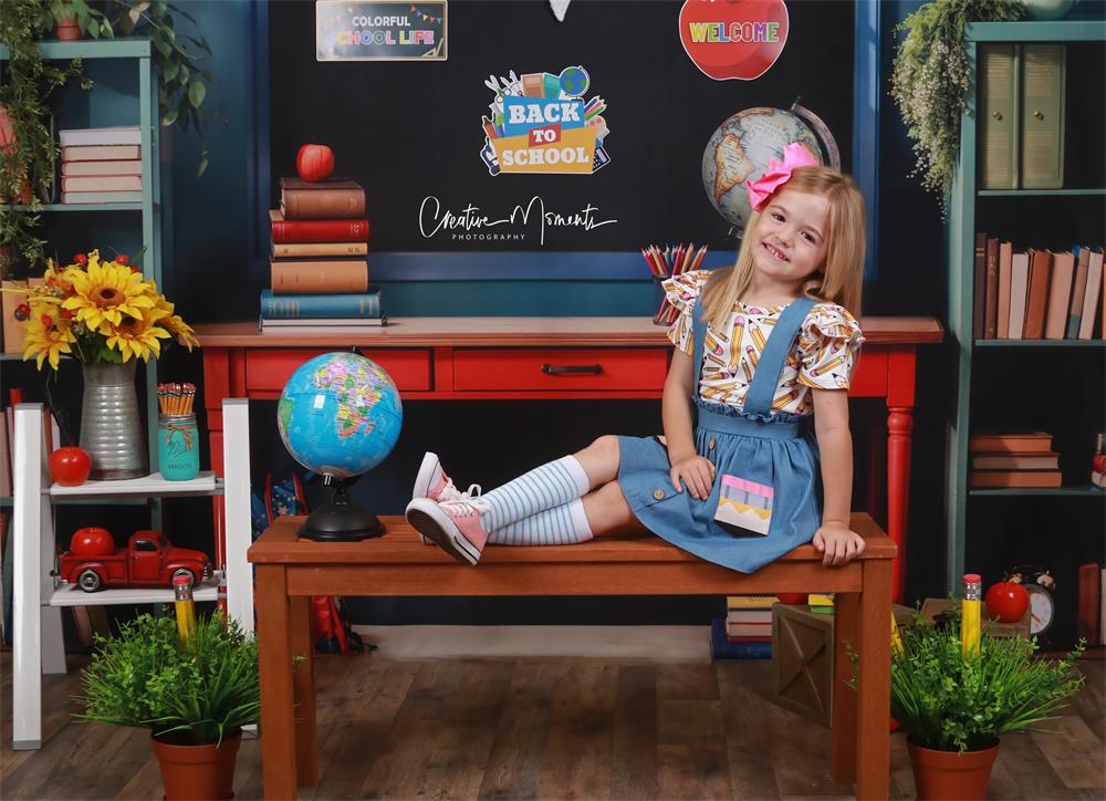 Kate Back to School Green Plant Yellow Sunflower Book Apple Globe Blackboard Backdrop Designed by Emetselch